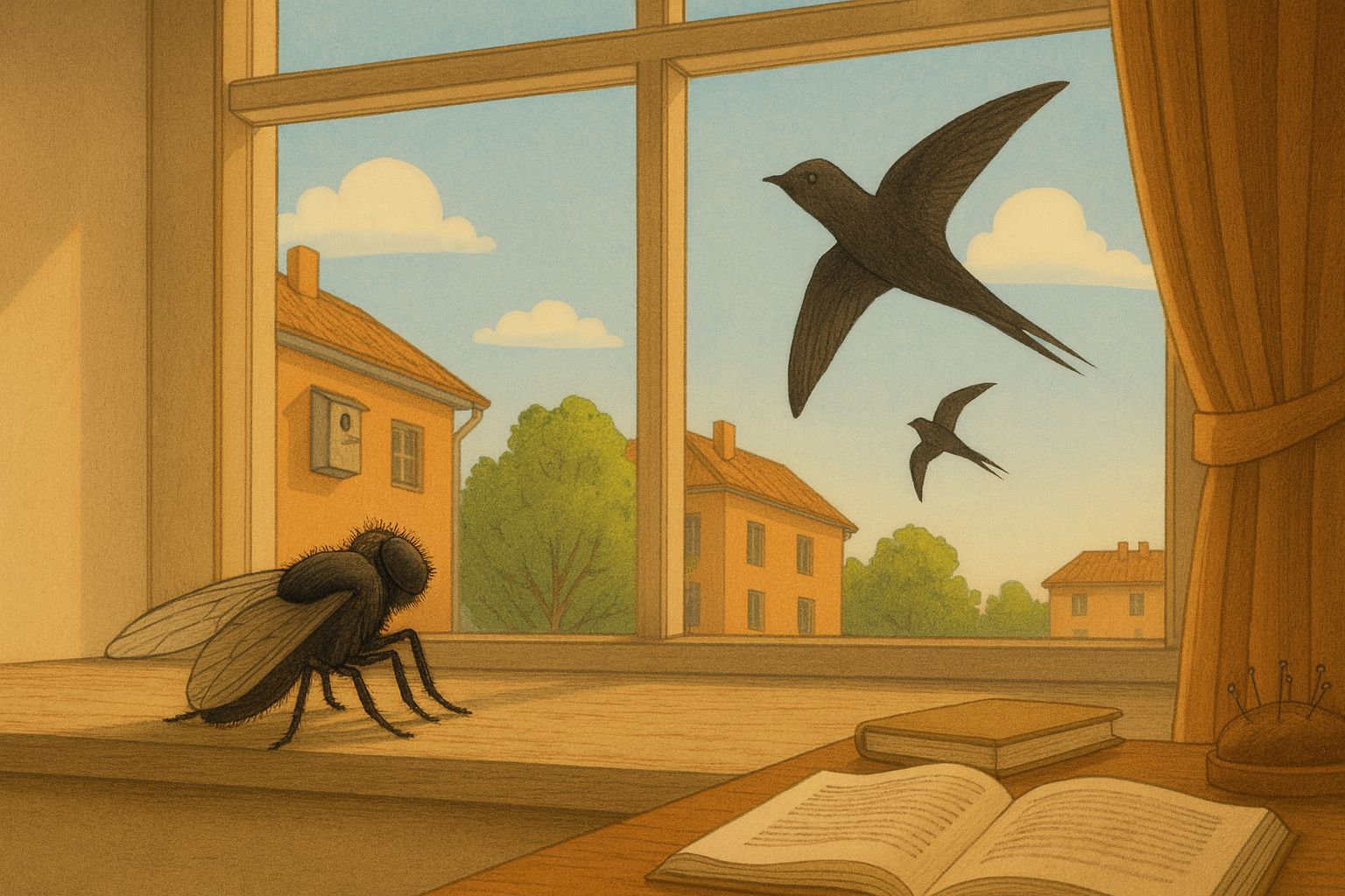  Tehisaru joonistus piiritajatest mõtisklevast toakärbsest.